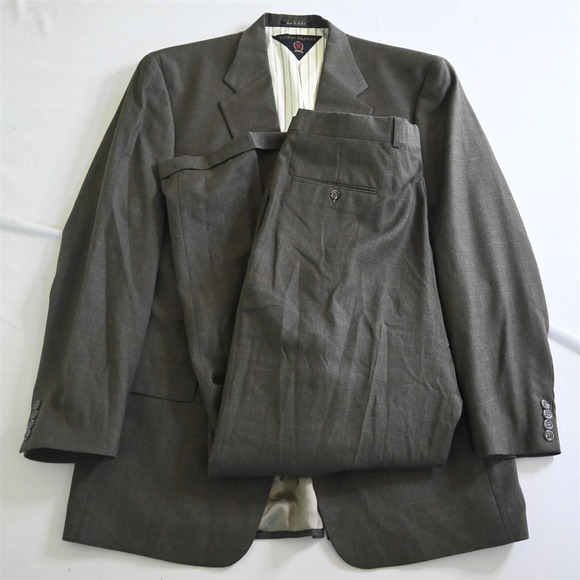 Vtg Tommy Hilfiger USA Made 44L 36x30 Brown Windowpane 100% Wool Mens‎ Suit